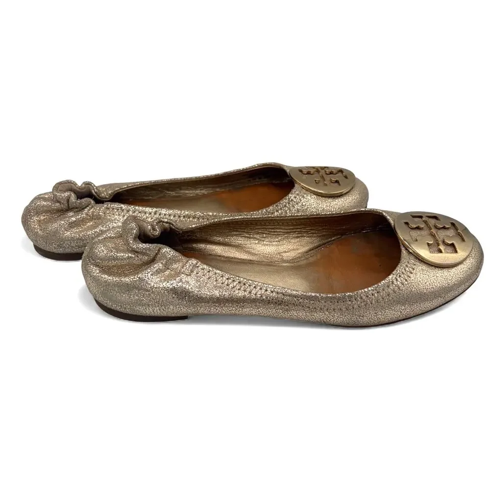 Tory Burch Minnie Travel‎ Metallic Gold Sz 7 Shimmer Medallion Flats w/ COA